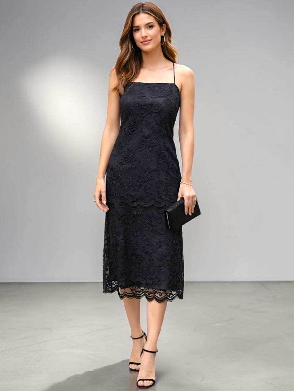 Vintage Nancy Bracoloni‎ Lace Dress Sz 10 Black Midi Applique LBD Cocktail Party - Picture 15 of 16